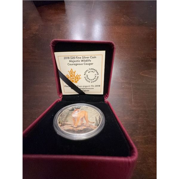 2018 $20 Fine Silver Coin Majestic Wildlife Courageous Cougar, 31.39g, 38mm, RCM