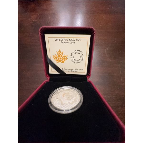 2018 $8 Fine Silver "Dragon Luck" Coin, Royal Canadian Mint, 99.99% Pure Silver, Boxed