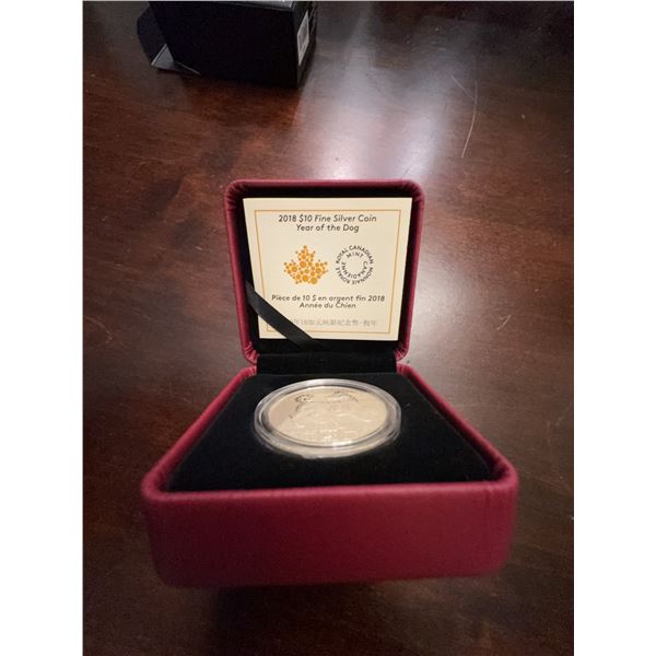 2018 Canada $10 Fine Silver Coin Year of the Dog, 99.99% Pure Silver, 34mm, Box, COA