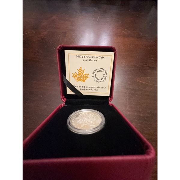 2017 $8 Fine Silver Coin Lion Dance Canada, 99.99% Pure, Box and COA