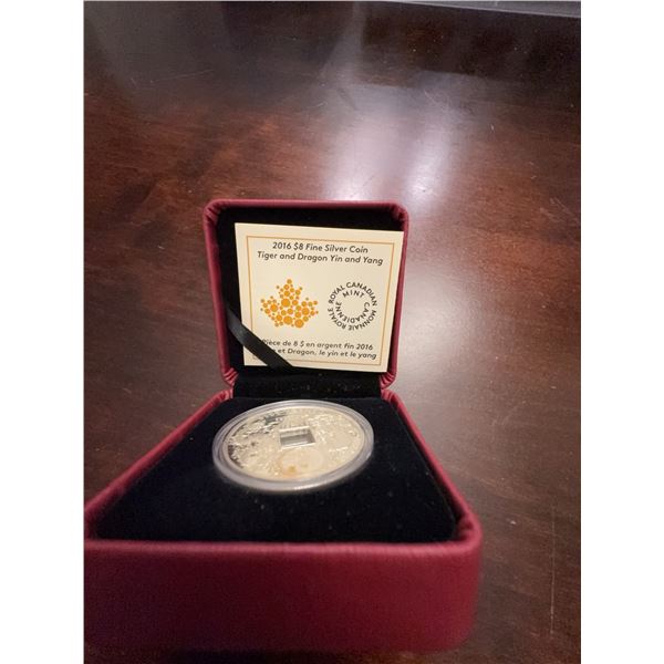 2016 $8 Fine Silver Coin Tiger and Dragon Yin and Yang 99.99% Silver 36mm RCM