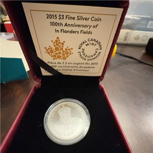 2015 $3 Fine Silver Coin In Flanders Fields 100th Anniversary Royal Canadian Mint