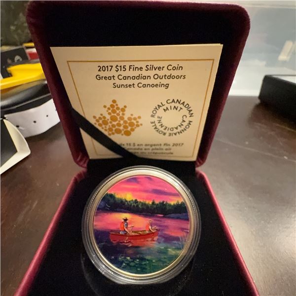 2017 $15 Fine Silver Coin Sunset Canoeing Great Canadian Outdoors RCM 99.99% Pure Silver