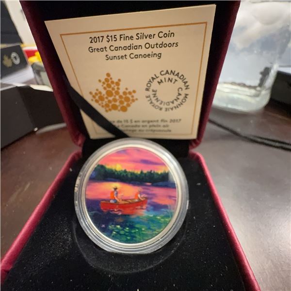 2017 $15 Fine Silver Coin Great Canadian Outdoors Sunset Canoeing, 99.99% Pure, RCM