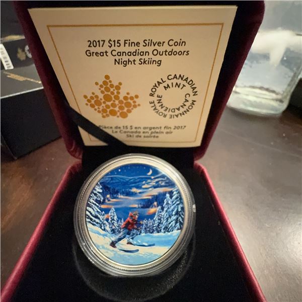 2017 $15 Fine Silver Coin Great Canadian Outdoors Night Skiing by Royal Canadian Mint