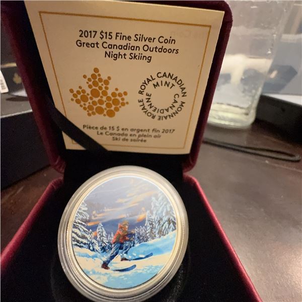 2017 $15 Fine Silver Coin Night Skiing 99.99% Pure, Royal Canadian Mint
