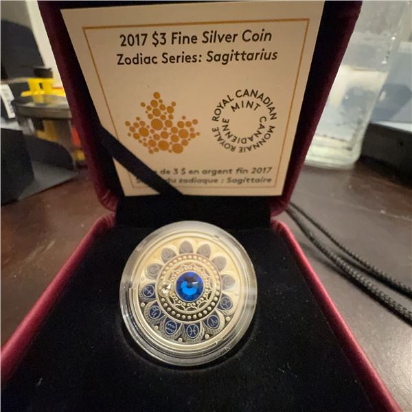2017 $3 Fine Silver Coin Zodiac Series Sagittarius, Royal Canadian Mint, Swarovski Crystal