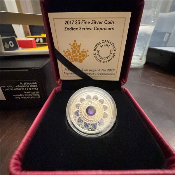 2017 $3 Fine Silver Zodiac Coin Capricorn Swarovski Canadian Mint 27mm 7.96g