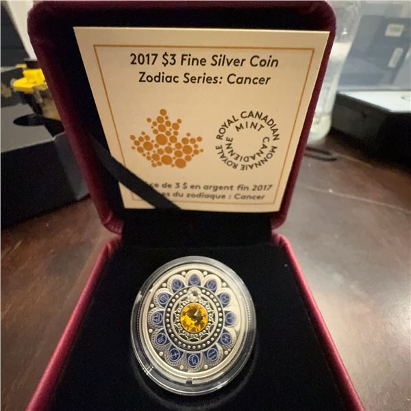 2017 $3 Fine Silver Coin Zodiac Series Cancer Swarovski Crystal