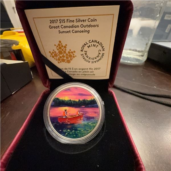 2017 $15 Fine Silver Coin Royal Canadian Mint Sunset Canoeing 99.99% Pure