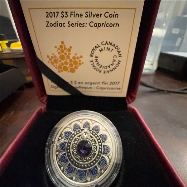 2017 $3 Fine Silver Coin Capricorn Zodiac Series Swarovski Canadian Mint 27mm