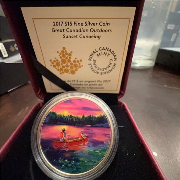 2017 $15 Fine Silver Coin Great Canadian Outdoors Sunset Canoeing by Joel Kimmel