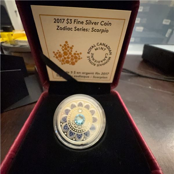 2017 $3 Fine Silver Coin Zodiac Series: Scorpio With Swarovski Crystal, RCM, 27mm, 7.96g