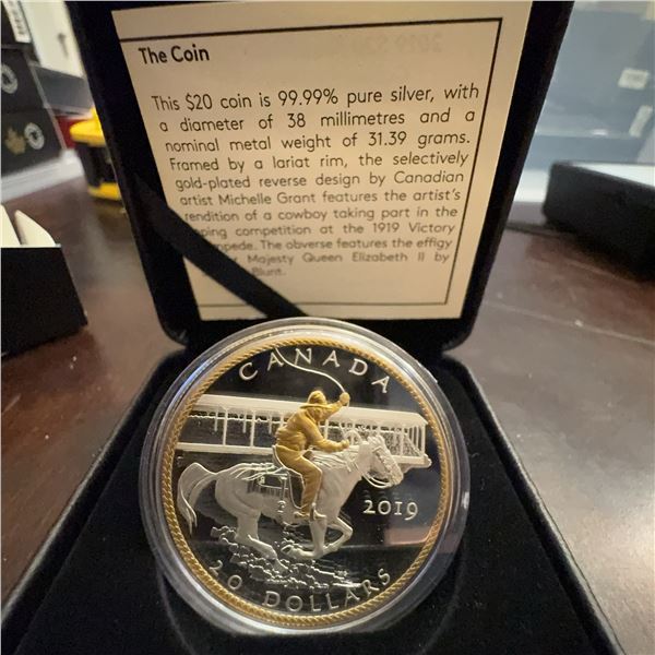 2019 $20 Fine Silver Coin Calgary Stampede Victory, Royal Canadian Mint, 31.39g, .9999