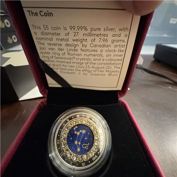 2014 Canadian $5 Silver Coin Leo Zodiac Swarovski Crystals, 27mm, 7.96g, Queen Elizabeth II