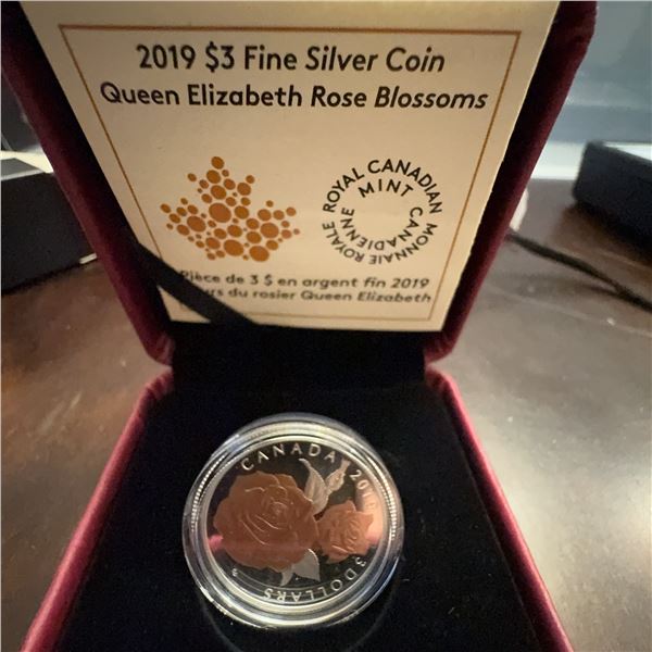 2019 $3 Fine Silver Coin Queen Elizabeth Rose Blossoms Canada, Royal Canadian Mint