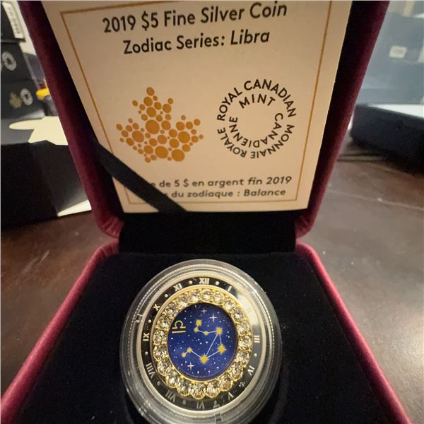 2019 $5 Fine Silver Coin Libra Zodiac Series Royal Canadian Mint with Swarovski Crystals