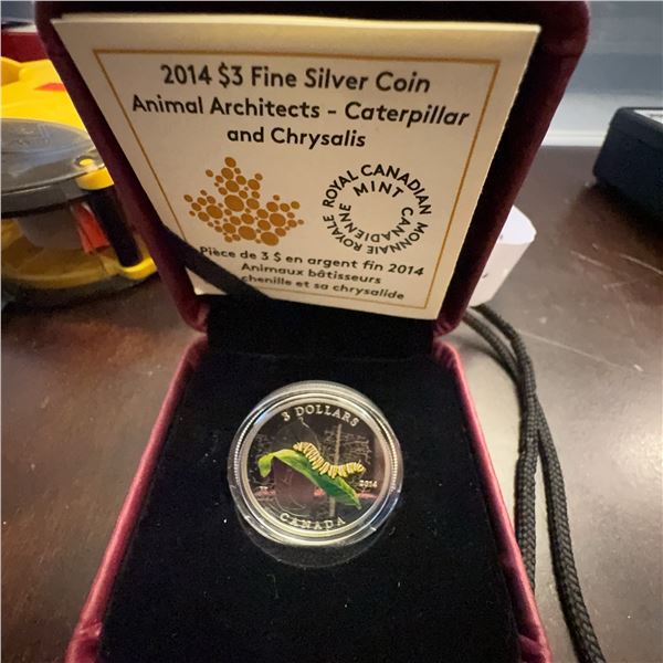 2014 $3 Fine Silver Coin Animal Architects Caterpillar and Chrysalis, Royal Canadian Mint