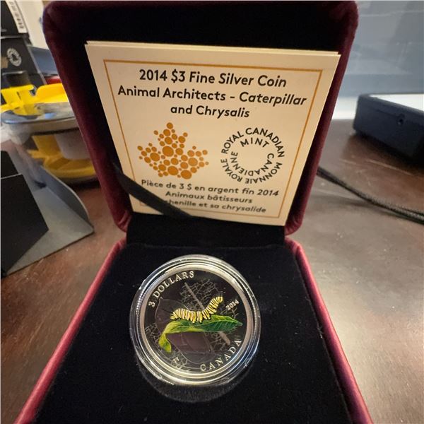2014 $3 Fine Silver Coin Animal Architects Caterpillar & Chrysalis Royal Canadian Mint