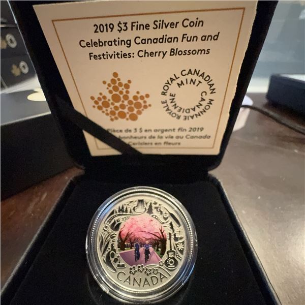 2019 $3 Fine Silver Coin Canadian Fun And Festivities Cherry Blossoms 27mm 7.96g