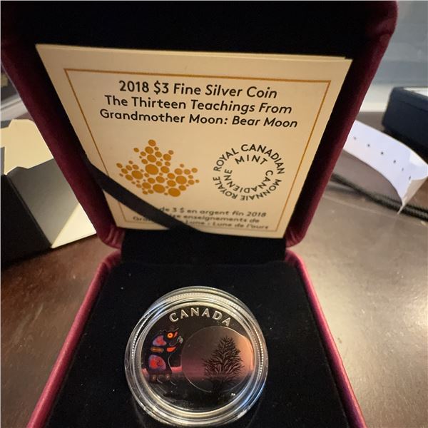 2018 $3 Fine Silver Coin, Grandmother Moon: Bear Moon, Algonquin Art, 27mm, Boxed