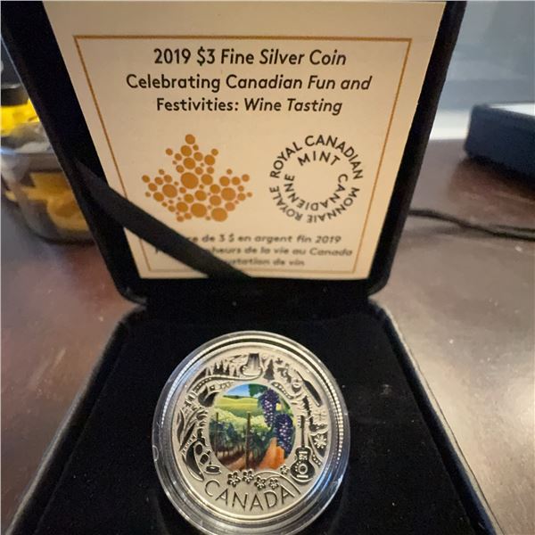 2019 $3 Fine Silver Coin Canadian Fun and Festivities: Wine Tasting, 27mm, 7.96g