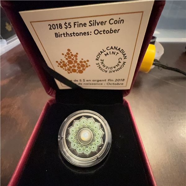 2018 $5 Silver Coin October Birthstone Mandala by Pandora Young, RCM, Swarovski Crystal