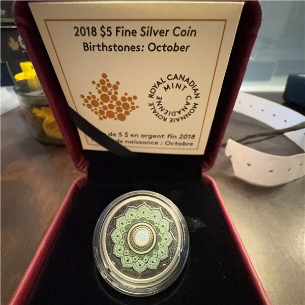 2018 $5 Fine Silver Coin Birthstones October Royal Canadian Mint With Box