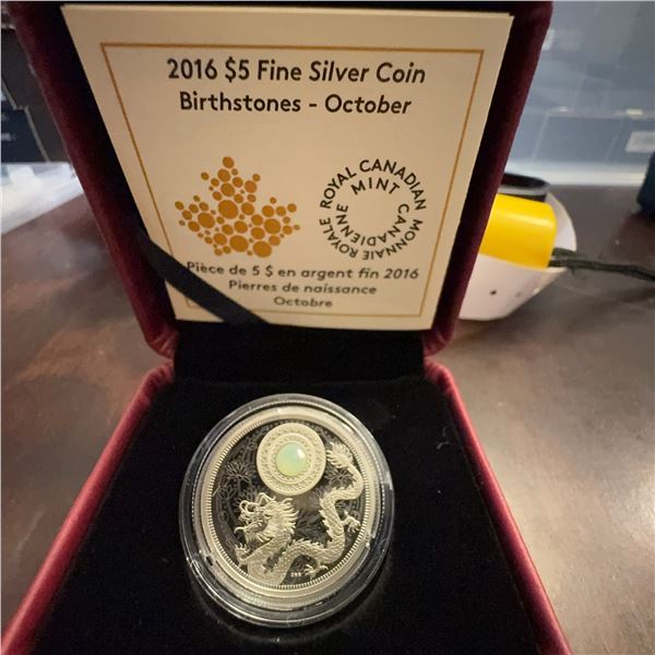2016 Royal Canadian Mint $5 Fine Silver Coin Birthstones October Opal Inlay
