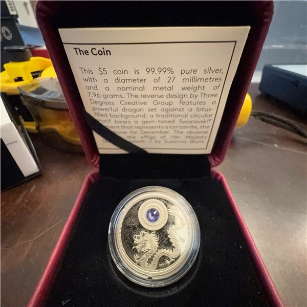 2016 $5 Canadian Fine Silver Coin December Birthstones Swarovski Dragon 27mm