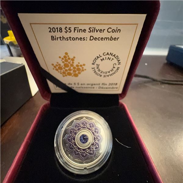 2018 $5 Fine Silver Coin Birthstones December Tanzanite Swarovski RCM Box