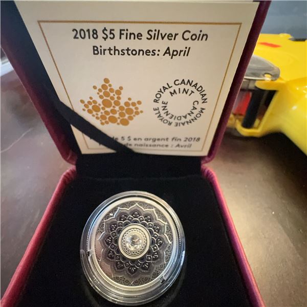 2018 $5 Fine Silver Coin Royal Canadian Mint Birthstones April with Swarovski Crystal