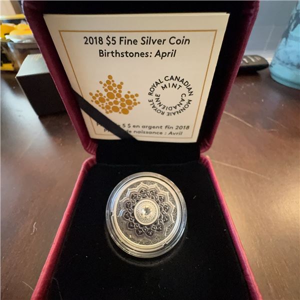 2018 $5 Silver Coin Royal Canadian Mint Birthstones April Swarovski Diamond