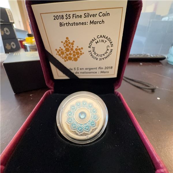 2018 $5 Fine Silver Coin Birthstones: March with Aquamarine Swarovski Crystal