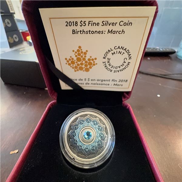 2018 $5 Fine Silver Coin Canadian Birthstones: March, 27mm, 7.96g, Aquamarine Swarovski
