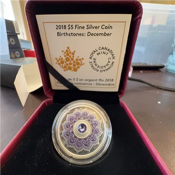 2018 $5 Fine Silver Coin December Birthstone Royal Canadian Mint 27mm Box COA