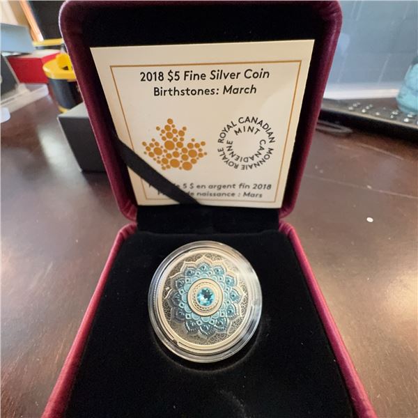 2018 $5 Fine Silver Coin March Birthstone Swarovski Aquamarine Royal Canadian Mint