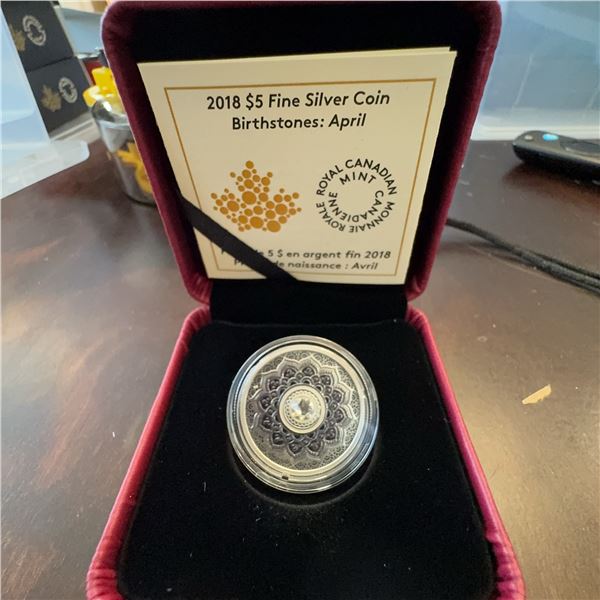 2018 $5 Fine Silver Coin Birthstones April, Royal Canadian Mint, 7.96g, 27mm