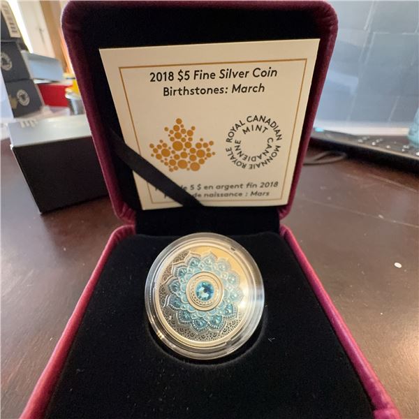 2018 $5 Fine Silver Coin Birthstones March by Royal Canadian Mint with Swarovski Crystal