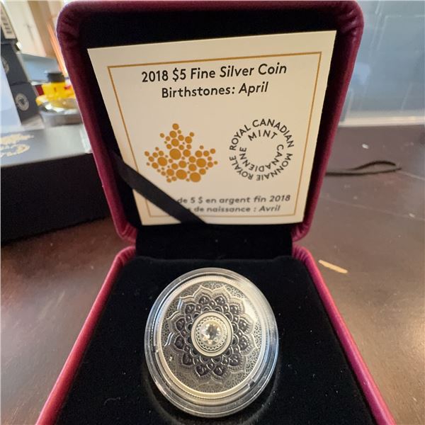 2018 $5 Fine Silver Coin Birthstones: April with Swarovski Diamond, RCM, 27mm, 7.96g