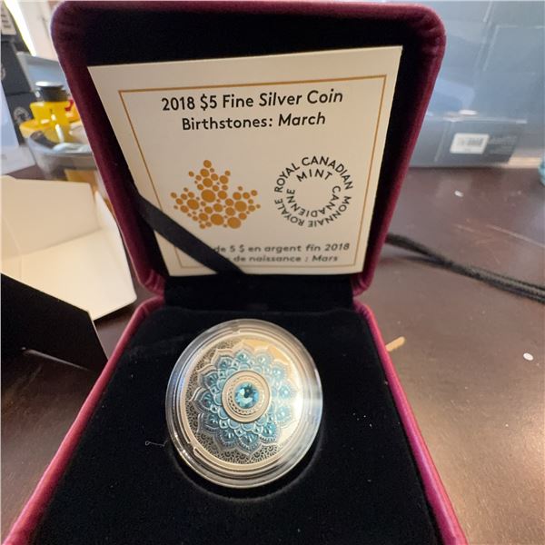 2018 Royal Canadian Mint $5 Fine Silver Birthstones Coin March Aquamarine Swarovski