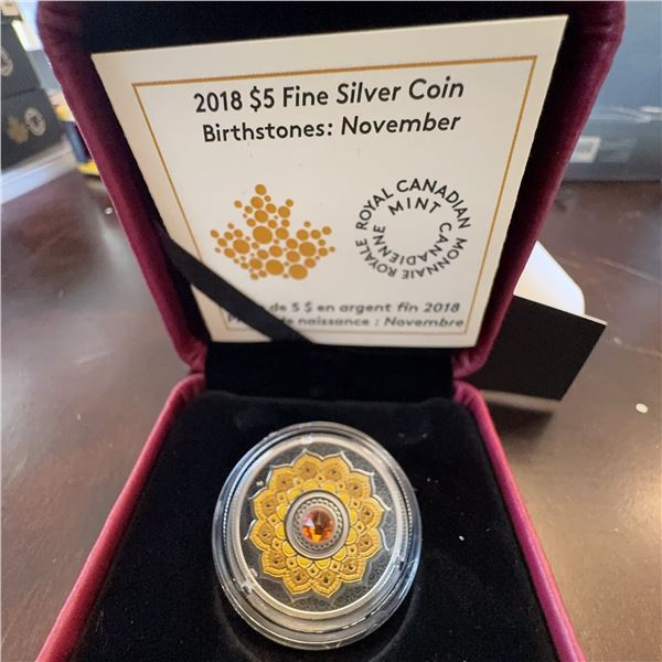 2018 $5 Fine Silver Coin Birthstones November with Topaz Swarovski Crystal