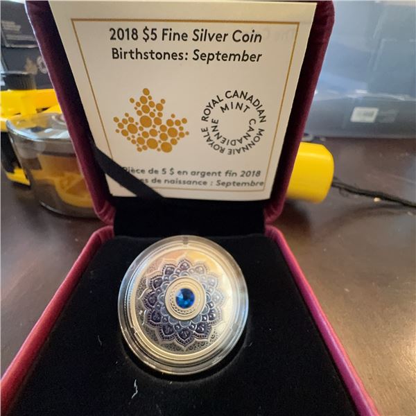 2018 $5 Fine Silver Coin September Birthstone Royal Canadian Mint with Sapphire Crystal