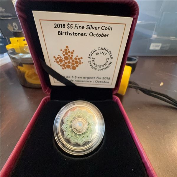 2018 $5 Fine Silver Coin October Birthstone Opal RCM Swarovski Mandala 27mm