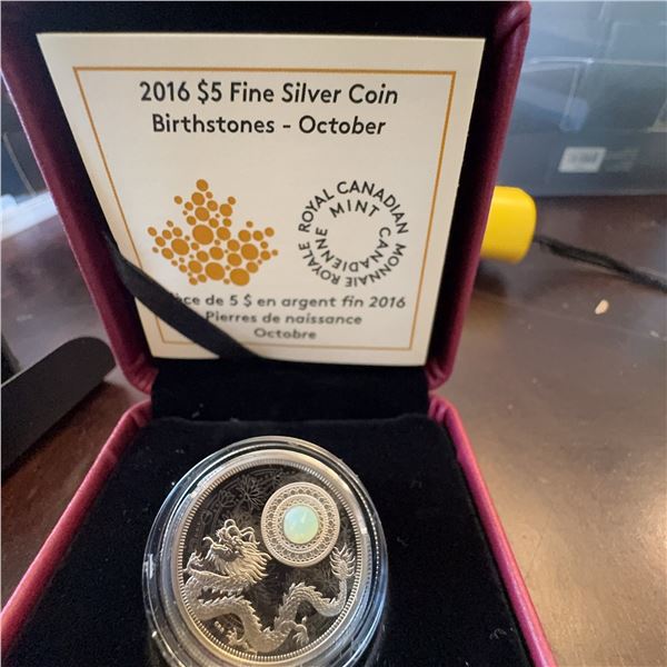 2016 Royal Canadian Mint $5 Fine Silver Coin Birthstones October With Swarovski Gem