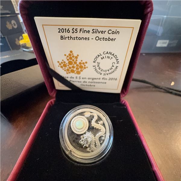 2016 $5 Fine Silver Birthstones Coin - October, Royal Canadian Mint, Opal Swarovski