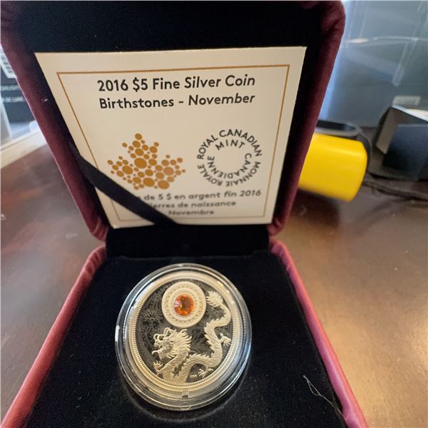 2016 $5 Fine Silver Coin November Birthstones Dragon with Swarovski Topaz, 27mm, 7.96g