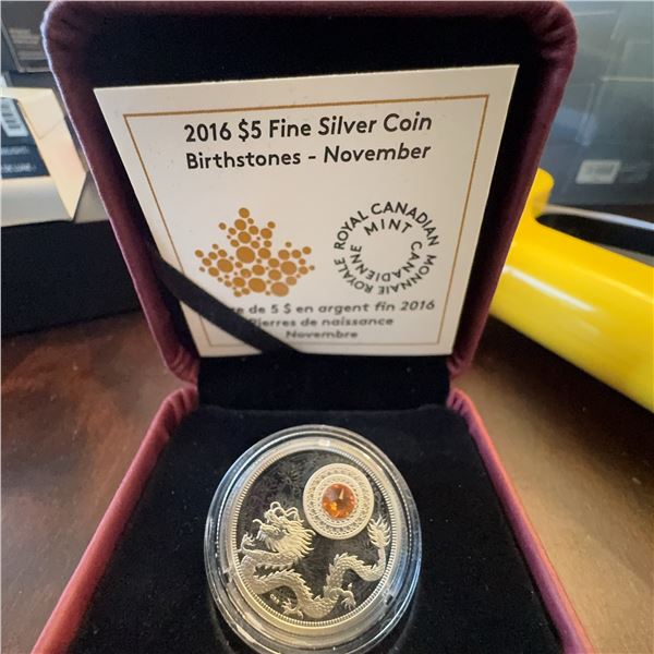 2016 $5 Fine Silver Birthstone Coin November Topaz Royal Canadian Mint in Box