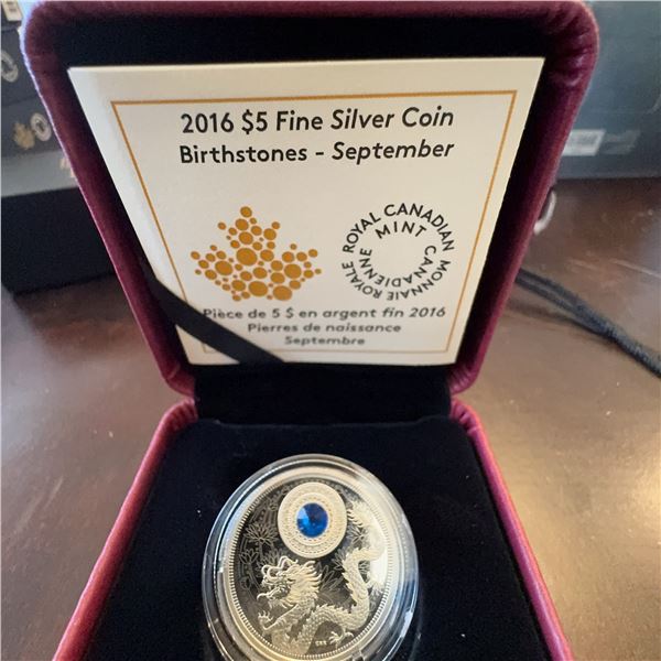 2016 $5 Fine Silver Canadian Birthstones Coin September Dragon Swarovski Crystal