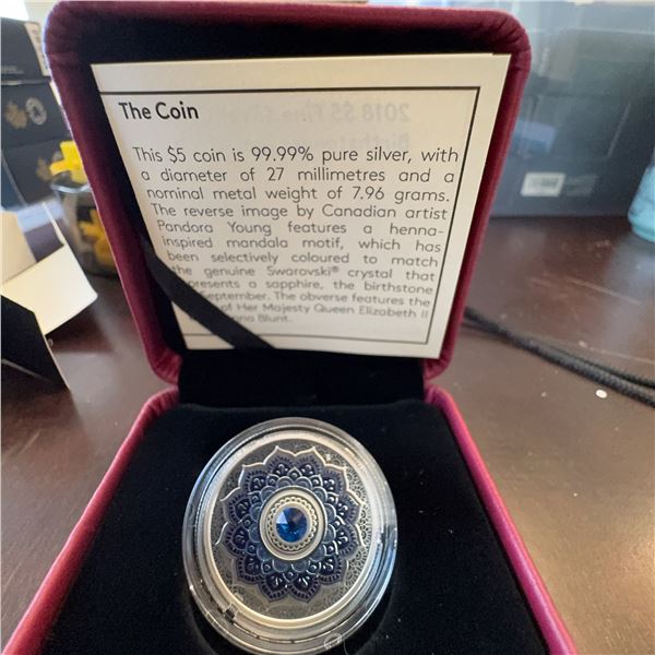 2018 $5 Pure Silver Coin Sapphire Birthstone by Pandora Young, 99.99% Silver, 27mm